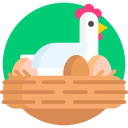 Poultry farm icon with a white chicken incubating eggs on nest