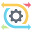 Abstract icon representing flexibility and scalability. It features a dark central circle surrounded by a square frame made of four overlapping, thick, multicolored bands (yellow, light blue, pink, and orange).