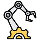 Icon of a robotic arm operating above a gear, representing industrial automation.