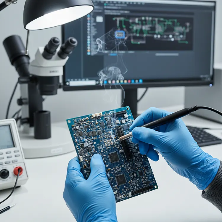 Close-up of a technician wearing blue gloves soldering a component onto a printed circuit board (PCB) in a well-lit electronics lab. Smoke rises from the solder joint, and diagnostic equipment and a computer monitor showing a schematic are visible in the background.