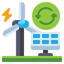 Graphic illustration of renewable energy sources, showing a dark gray wind turbine, a solar panel with blue cells, and an orange sun, all overlaid by a large green recycling arrow symbol.