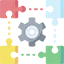 Icon for solutions or integration, featuring four multicolored puzzle pieces (red, light blue, yellow, dark green) connected to a central gray gear via dashed lines, symbolizing a complete, end-to-end process.