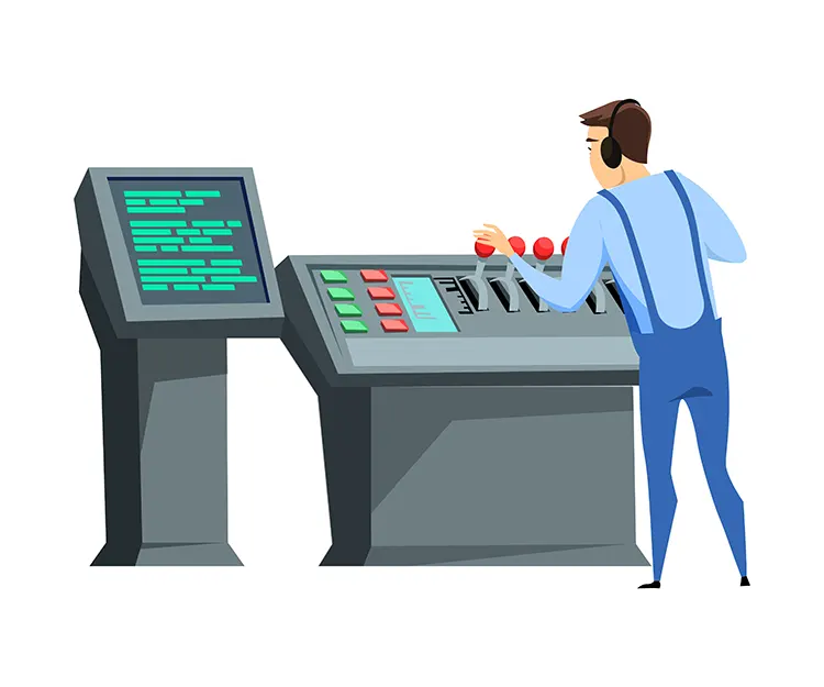 Smart control panel illustration showing an operator using PLC-integrated electrical panels with HMI screens and communication modules for centralized industrial control.
