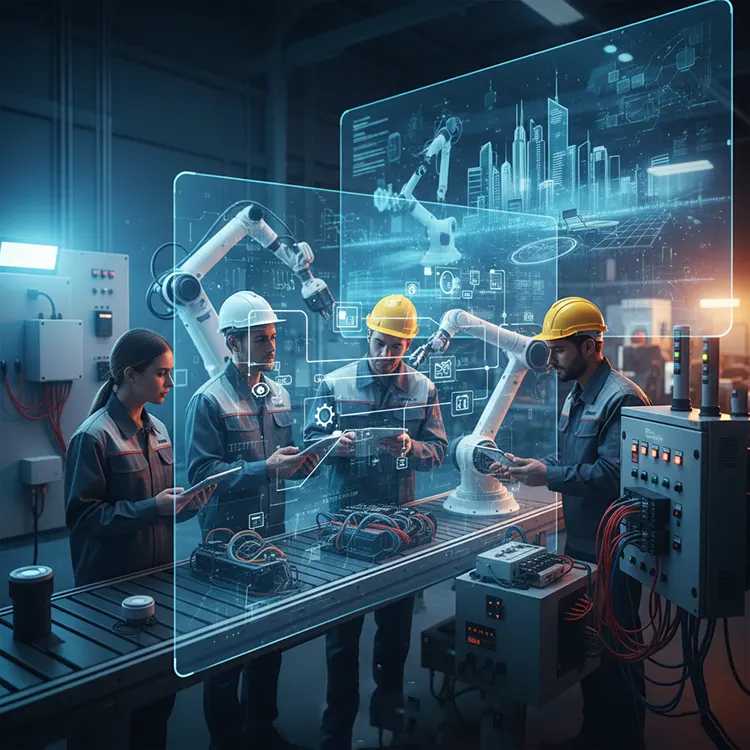 A team of four industrial engineers (two men in yellow hard hats, one man and one woman in white hard hats) reviewing and setting up PLC and IoT components on a factory floor. Robotic arms and a transparent holographic overlay displaying data, network connections, and a smart city skyline are visible, symbolizing turnkey solutions and future-ready performance.