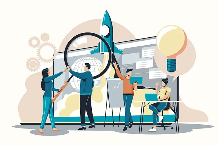 Illustration of four people discussing on product development